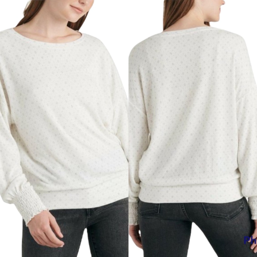 Lucky Brand Geo Cloud Longsleeve Smocked Jersey Sweatshirt Top White NWT